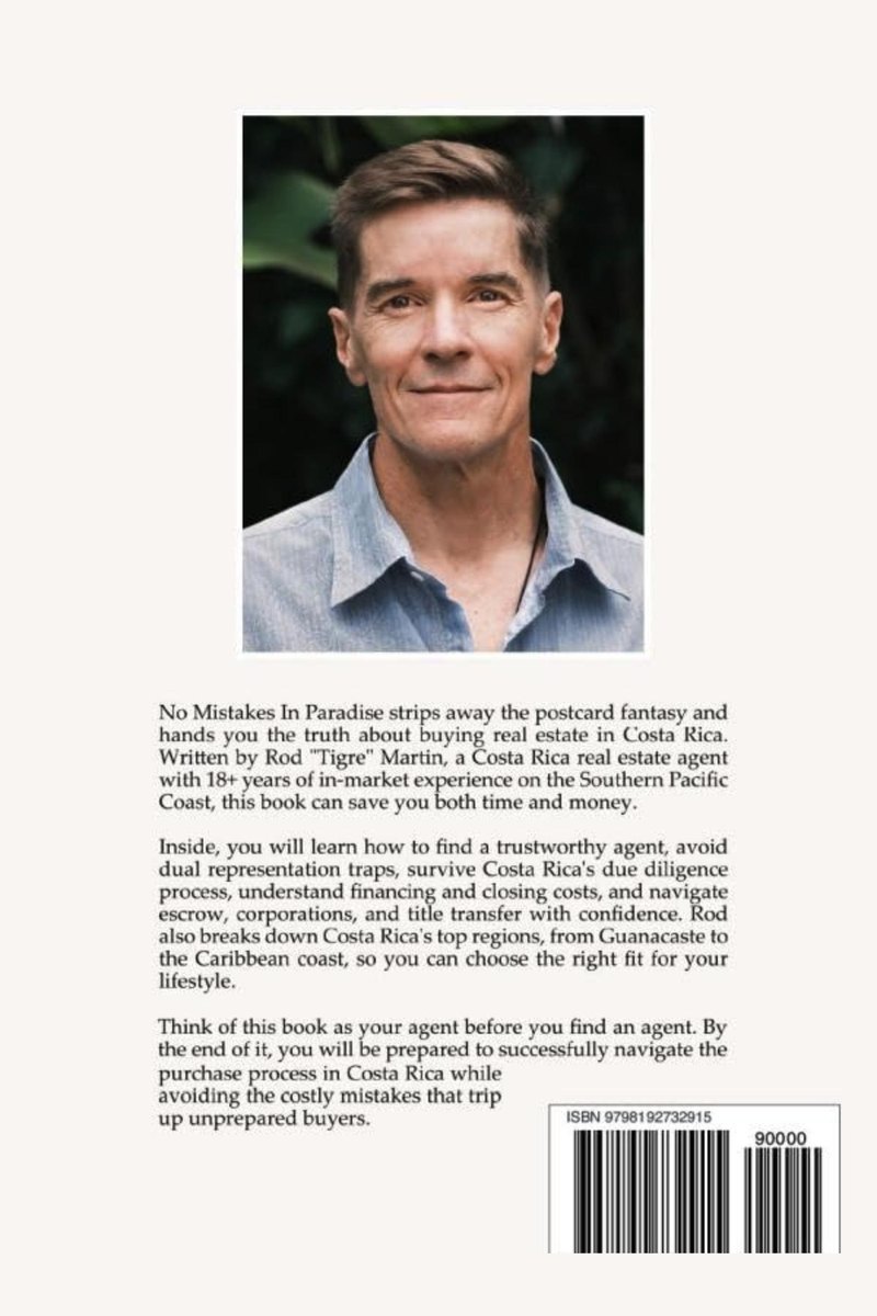 Back cover of No Mistakes In Paradise with Rod Martin's photo and book description